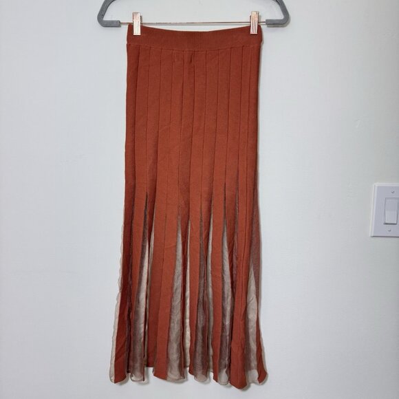 En Saison Brianna Pull On Midi Skirt Size XS Sheer Knit Stretchy Rust Brown New - Picture 5 of 8